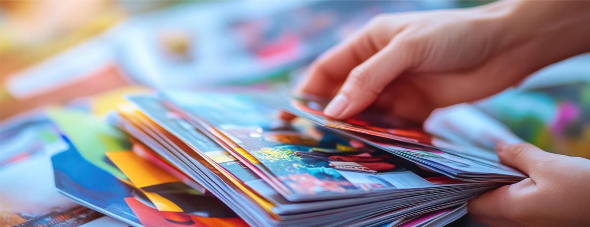 Mains feuilletant une pile de supports imprimés colorés