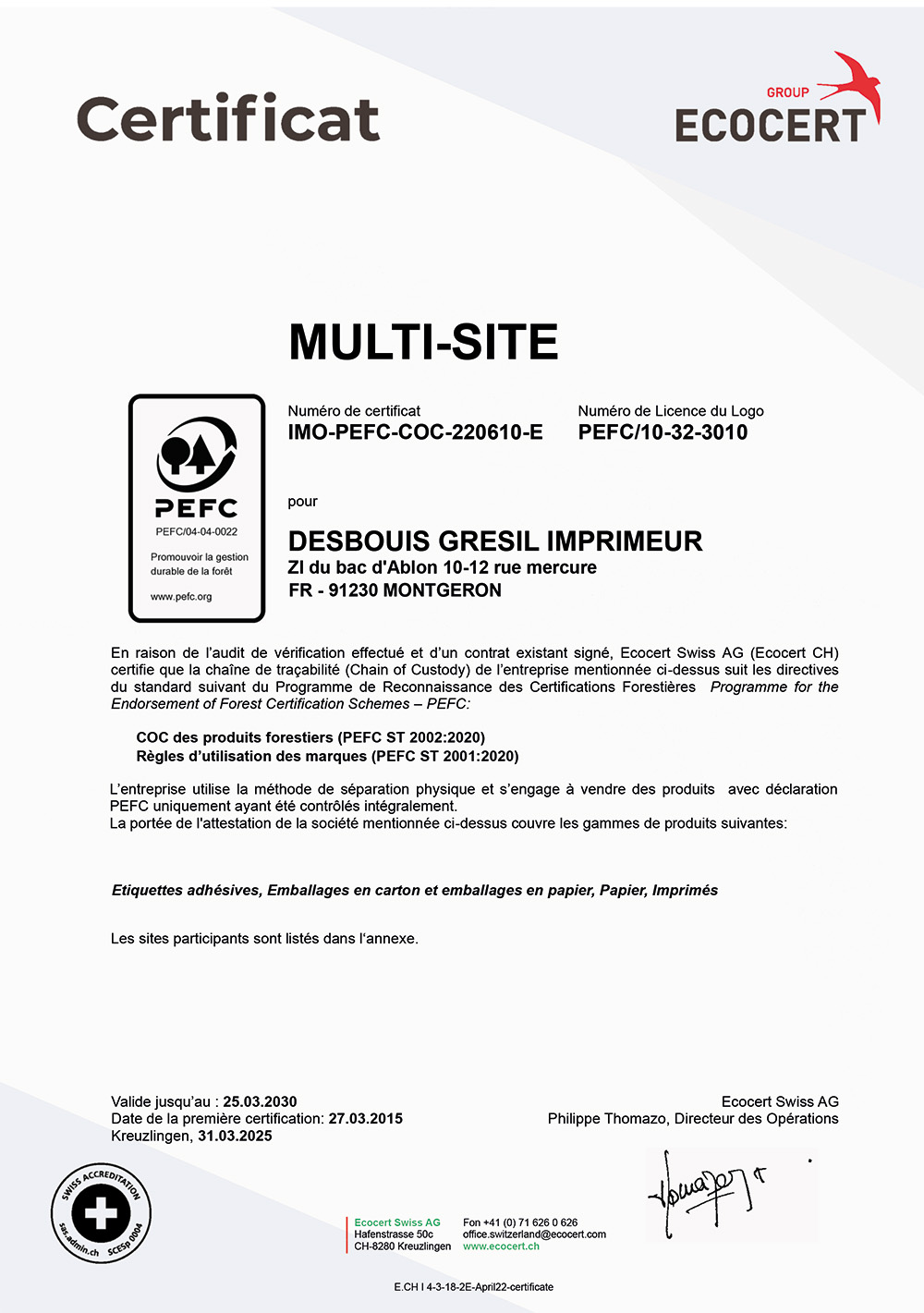 Certificat PEFC